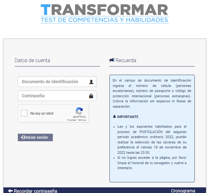 primer paso para postular a la universidad de ecuador, iniciar sesión en la plataforma transformar.senescyt.gob.ec