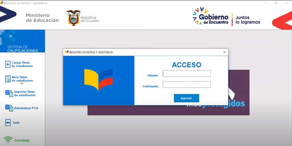 acceso a la plataforma carmenta del sistema de gestion escolar tras descargar e instalar el programa para docentes.