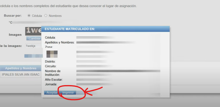 ultimo paso para imprimir la matrícula automática en 2022 del ministerio de educacion en la web juntoseducacion.gob. ce