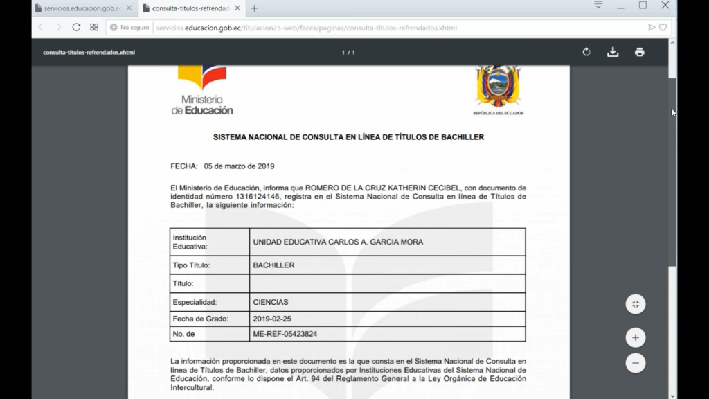 ejemplo de un título de bachiller oficial en ecuador.